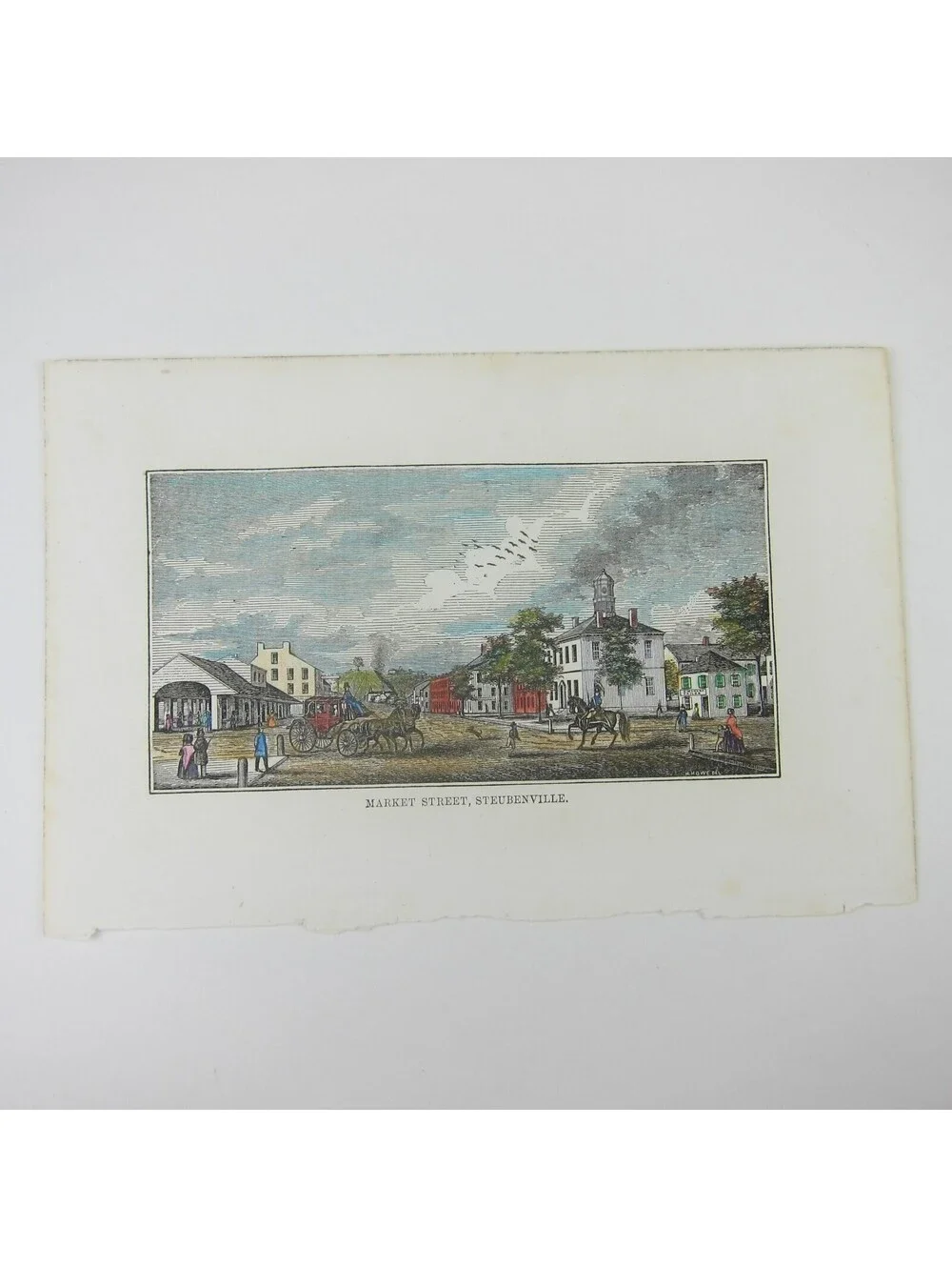 Engraving Print Steubenville Ohio Market Street Scene Hand Colored Antique 1847